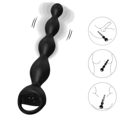 Black, bead-shaped sex toy with handle, surrounded by illustrations of its use.