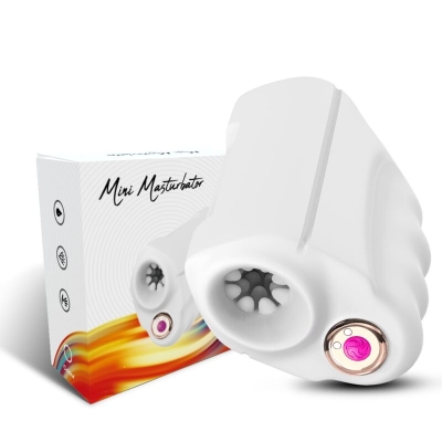 White mini masturbator with a textured interior, next to it the packaging with a colorful design.
