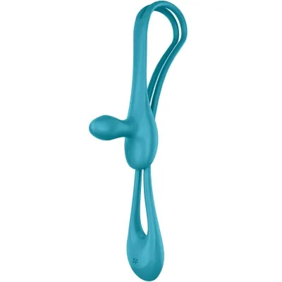 Blue, modern silicone sex toy with a curved design and two loops.