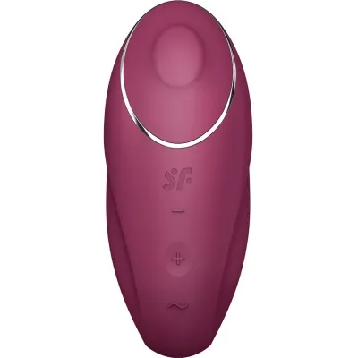 Bordeaux-red, oval device with buttons and silver rim, suitable for personal wellness applications.