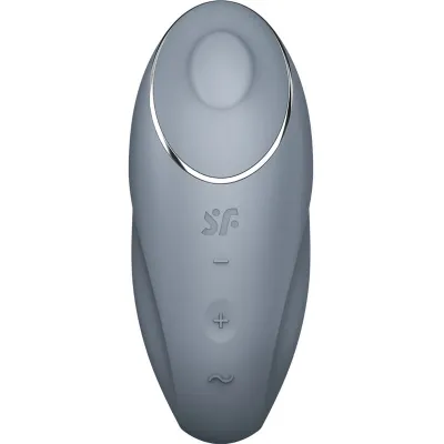 Grauer, ovaler Vibrator mit silbernem Rand und Bedienelementen für Intensität und Modus auf der Vorderseite.