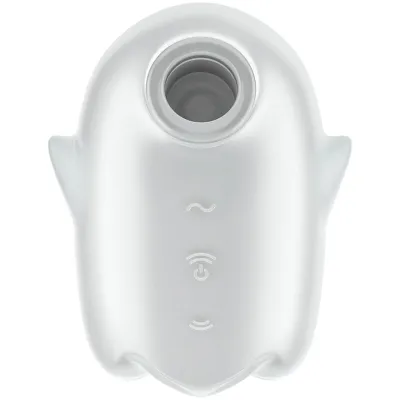 White, oval device with a round opening at the top and three symbols below it.