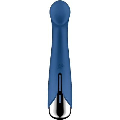 Blue, ergonomically shaped massage wand with a silver end and controls on the front.