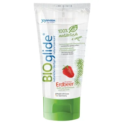 Tube von BIOglide Erdbeer Gleitgel, 100% natürlich und vegan, mit grünem Deckel und Erdbeerabbildung.