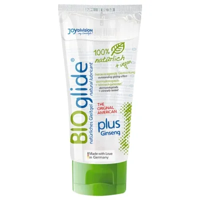 Tube of BIOglide lubricant, 100% natural and vegan, with ginseng, made in Germany.