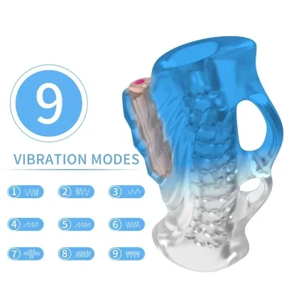 Blaues Massagegerät mit neun Vibrationsmodi, dargestellt durch Symbole.
