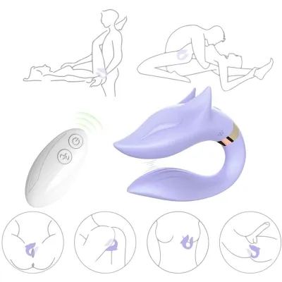 Lila Vibrator in Fuchsform mit Fernbedienung, umgeben von Illustrationen zur Anwendung in verschiedenen Positionen.