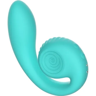 Turquoise, curved silicone sex toy with a spiral pattern and buttons.