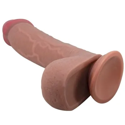 Ein realistischer Dildo mit Saugnapf, hautfarben, mit Adern und detaillierter Struktur.