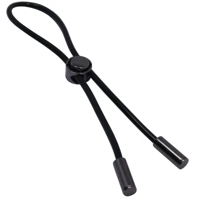 Black elastic cord stopper with two ends and a central slider.