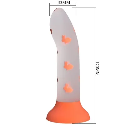 White silicone dildo with orange rabbit motifs, 170 mm high, 33 mm in diameter.