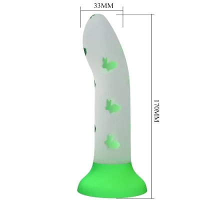 Green silicone dildo with rabbit pattern, 170 mm high, 33 mm in diameter.