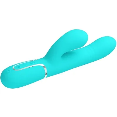 Turquoise vibrator with two arms and controls on the surface.