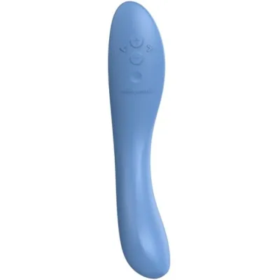 Blauer, ergonomisch geformter Vibrator mit Bedienelementen auf der Vorderseite.