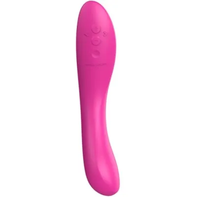Rosa Vibrator mit geschwungener Form und Bedienelementen auf der Oberfläche.