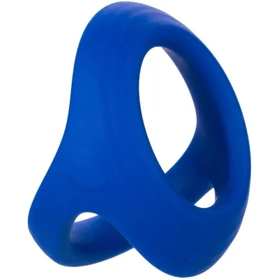 Blauer Silikonring mit dreieckiger Form und zwei Öffnungen, auf weißem Hintergrund.