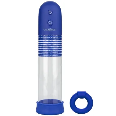Blue, cylindrical device with buttons and a transparent middle section, next to it a blue ring.