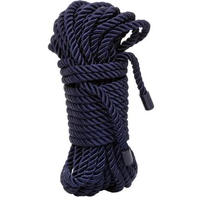Dark blue twisted rope, neatly coiled, with plastic ends.