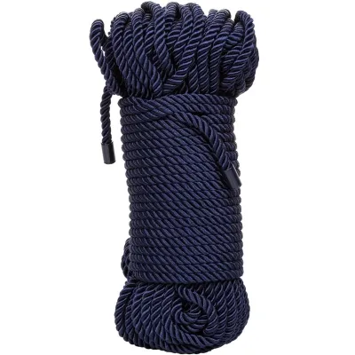 Dark blue, coiled rope with a twisted pattern, standing upright.