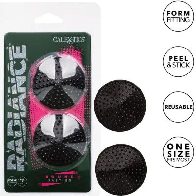 Packaging of black, round pasties with bumps, reusable, self-adhesive, one size fits most.