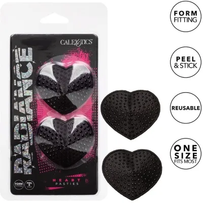 Black heart-shaped pasties in packaging, reusable, self-adhesive, one size fits most.