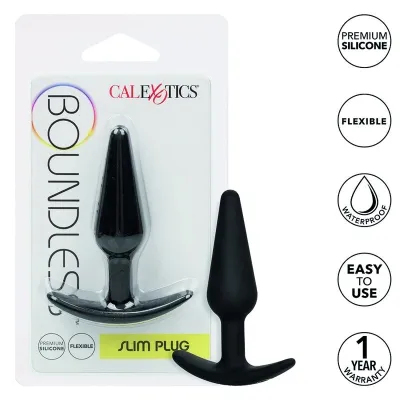 Verpackung und Produkt eines schwarzen, schlanken Silikon-Plugs von CalExotics, mit Eigenschaften wie flexibel und wasserdicht.