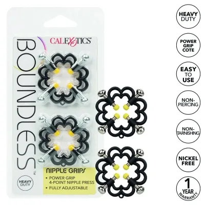 Verpackung von CalExotics Boundless Nipple Grips, schwarz mit gelben Details, nicht durchdringend, verstellbar, 1 Jahr Garantie.