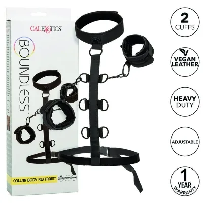 Black choker with cuffs, vegan leather, adjustable, packaging with text: "2 Cuffs, Heavy Duty, 1 Year Warranty".