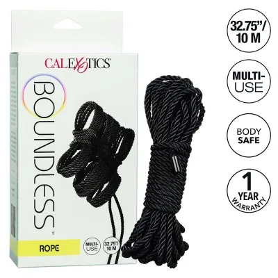 Black rope from CalExotics, 10 m long, versatile, body-friendly, 1-year warranty. Packaging and rope shown.
