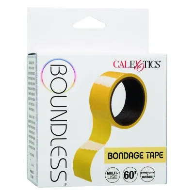 Packaging of yellow CalExotics brand bondage tape, 60 feet, stretchable and durable.