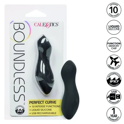 Packaging for a black vibrator with 10 functions, made of liquid silicone, USB rechargeable, waterproof, 1 year warranty.
