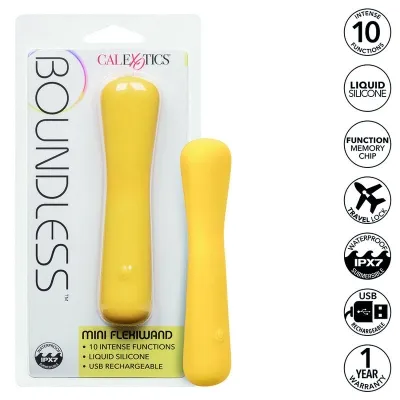 Yellow mini Flexiwand vibrator in packaging, 10 functions, USB rechargeable, waterproof, made of liquid silicone.