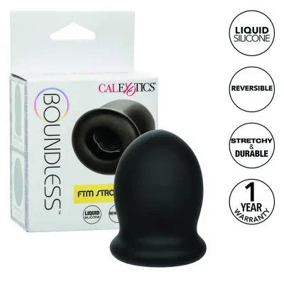 Black silicone product with packaging labeled "Boundless" and "FTM Stroker", features and warranty highlighted.