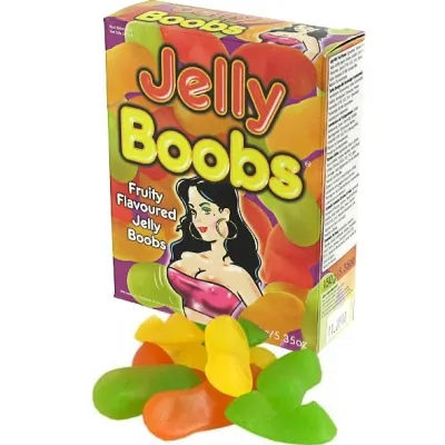 Schachtel mit bunten Fruchtgummis in Form von Brüsten, Aufschrift "Jelly Boobs".