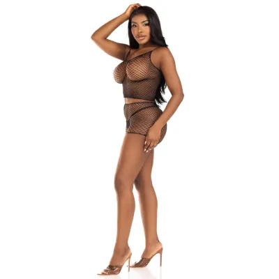 T-Shirt and Trousers Set Twist Net Black – Leg Avenue