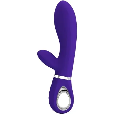 Purple vibrator with ergonomic design and two stimulation arms, silver accent and ring handle.