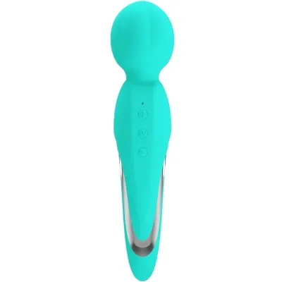 Turquoise massage wand with a rounded tip and control buttons on the front.