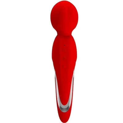 Roter Massagestab mit runder Spitze und Bedienelementen an der Seite, vor weißem Hintergrund.