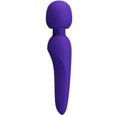 Lila Massagegerät mit rundem Kopf und ergonomischem Griff, seitliche Ansicht.