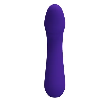 Purple, smooth, cylindrical object with a rounded tip on a white background.