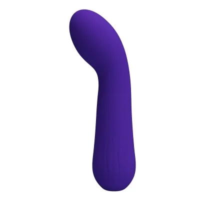 Purple, curved silicone vibrator with a smooth surface, isolated on a white background.