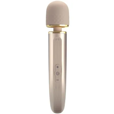 Beige massage wand with textured head and control buttons on the handle.
