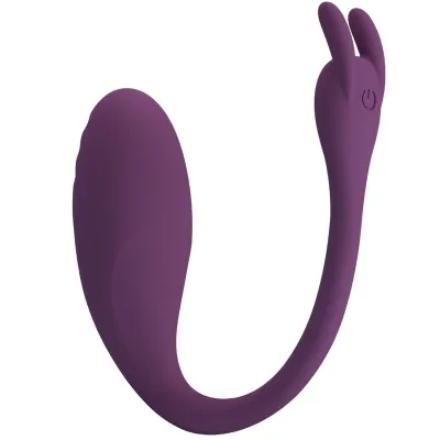 Lila, U-förmiger Vibrator mit zwei Enden und einem Power-Button.