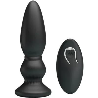 Black anal plug with remote control, both made of smooth material, on a white background.