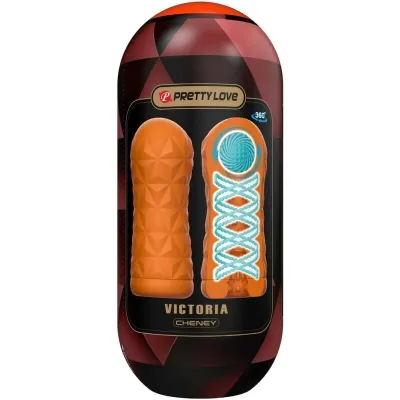 Packaging of an orange masturbator with a geometric pattern, brand "Pretty Love", model "Victoria Cheney".