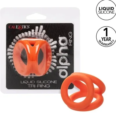 Packaging of an orange Alpha ring made of liquid silicone with a 1-year warranty.