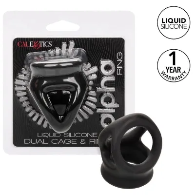 Verpackung und Produkt eines schwarzen Silikonrings mit 1 Jahr Garantie, Marke CalExotics.