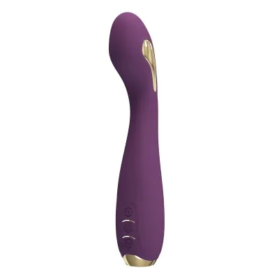 Purple vibrator with a curved shape and golden accents, three control buttons on the side.