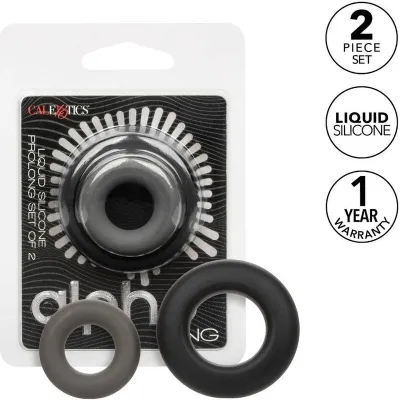 Two black silicone rings in packaging, labeled "2 Piece Set", "Liquid Silicone", "1 Year Warranty".