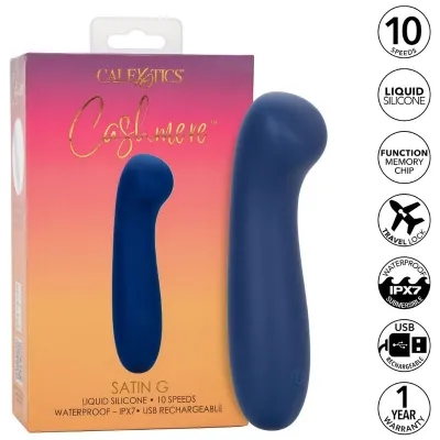 Blue vibrator next to packaging with product details: 10 speeds, waterproof, USB rechargeable, 1 year warranty.